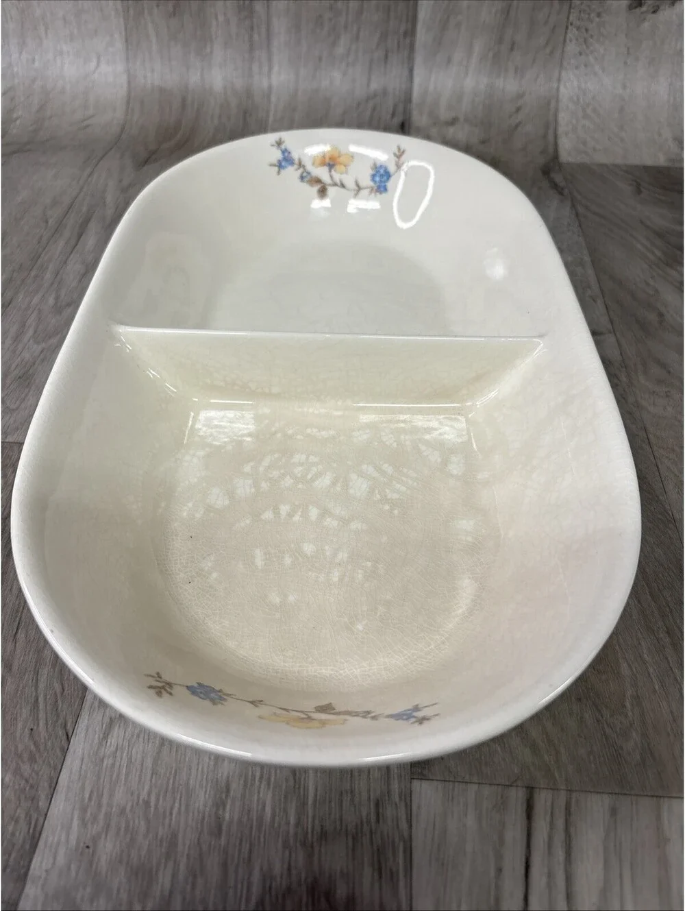Himark Floral Mist Vegetable Serving Dish Oval Divided 13.5 x 8 Vintage Japan